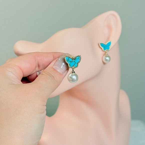 Gold and Turquoise Butterfly Pearl Earrings - Picture 4 of 6